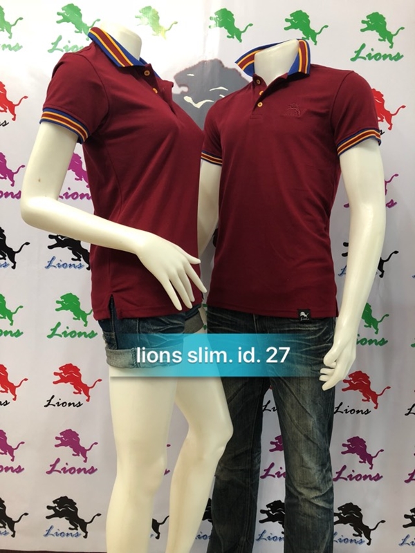 เสื้อโปโลทรงสลิมสีเลือดหมูขลิปน้ำเงินหมู